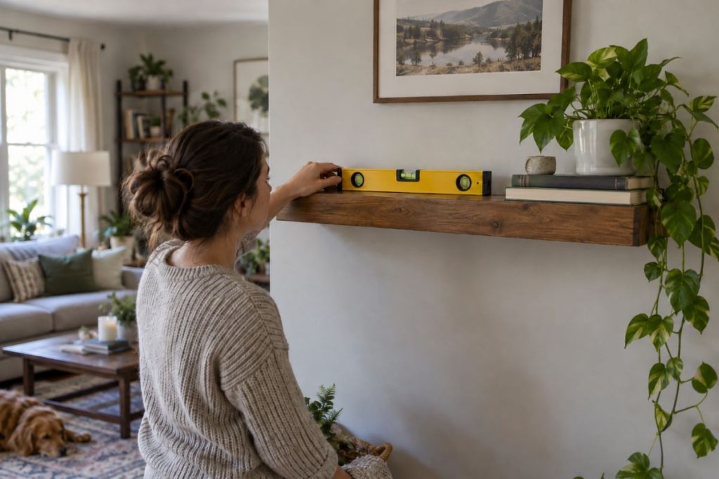 leveling a cozy floating shelf